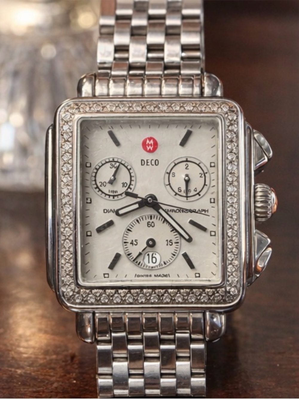 Michele Deco Diamond Bezel Stainless Steel Chronograph Watch, 2 bands